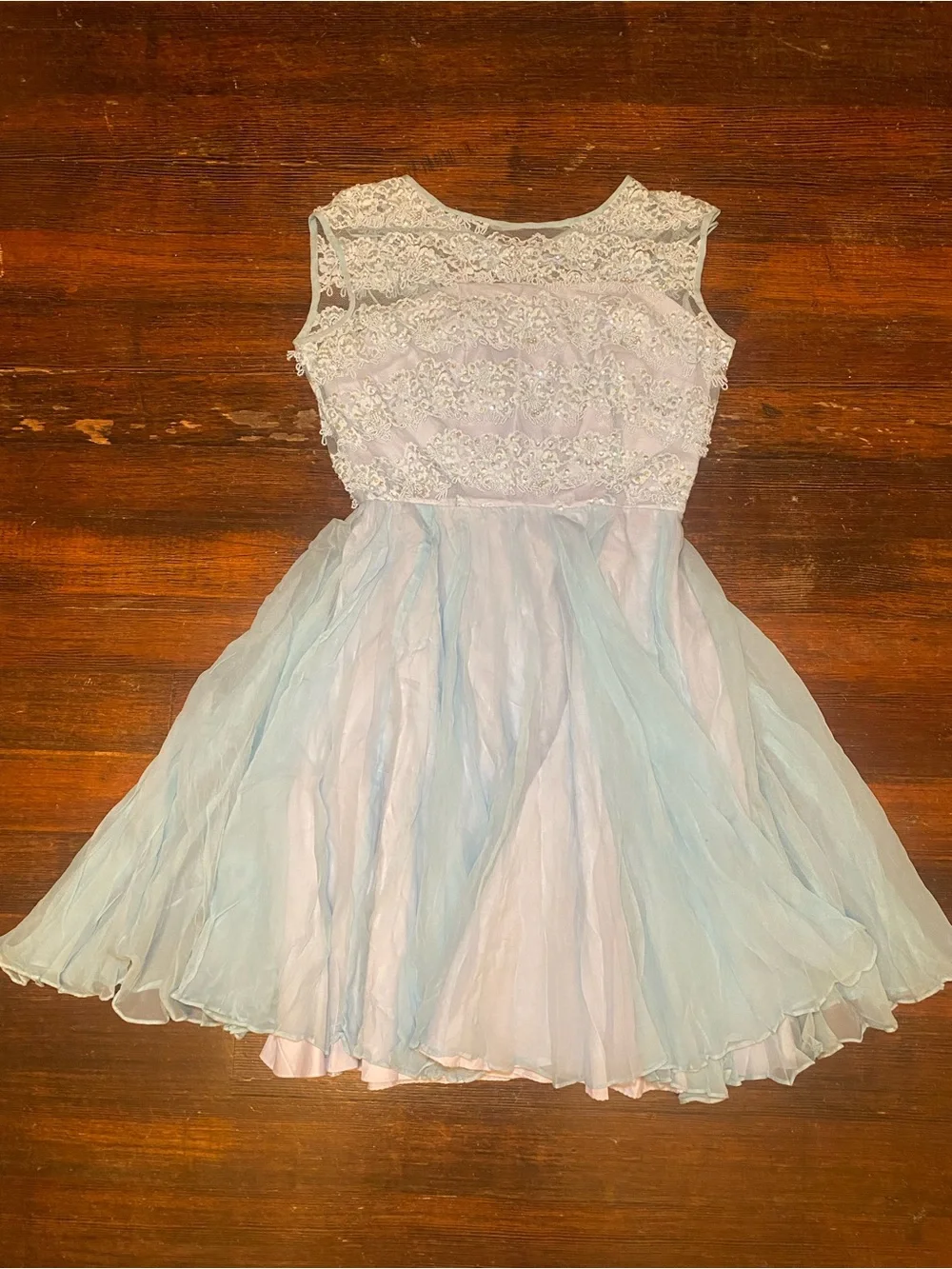 TRUE VINTAGE Miss ElliLight Blue Beaded Lace & Chiffon Fit-and-Flare Dress